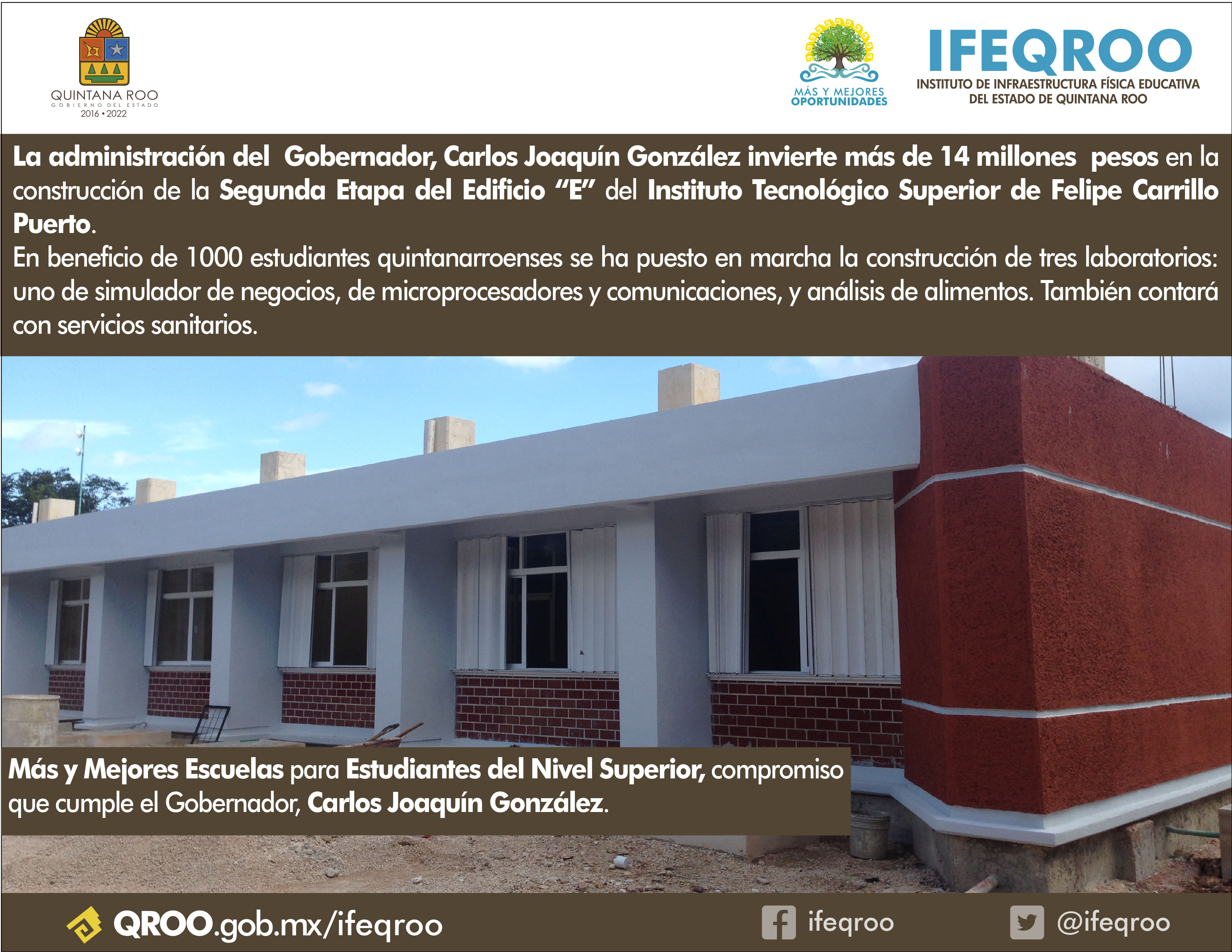 La administración del  Gobernador, Carlos Joaquín González invierte más de 14 millones  pesos en la construcción de la Segunda Etapa del Edificio “E” del Instituto Tecnológico Superior de Felipe Carrillo Puerto