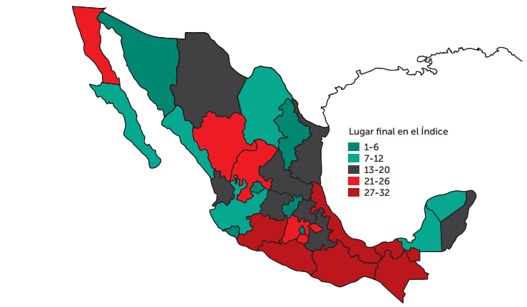 Figura 2. Mapa Resultados del Índice de Competitividad Estatal 2016 por ubicación geográfica